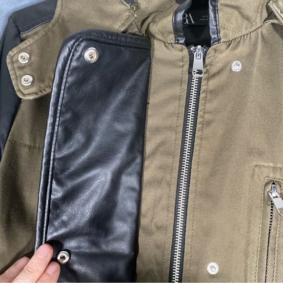 Zara Khaki / Black Jacket Hooded Coat Sz XS Faux Leather Sleeves Long Military - Picture 5 of 9
